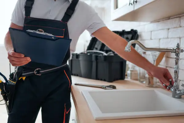 A plumber in work attire inspects a kitchen faucet while holding a clipboard, with tools and equipment visible nearby.