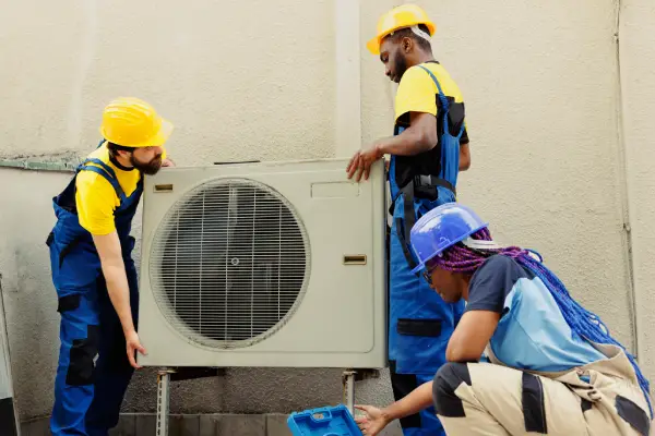 serives 3 new webp Three workers in colorful uniforms and hard hats are installing an outdoor air conditioning unit against a wall.