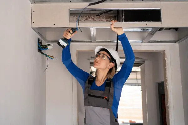 serives 4 new webp A person wearing a safety cap and blue long-sleeve shirt works on a ceiling installation, holding a tool above their head.
